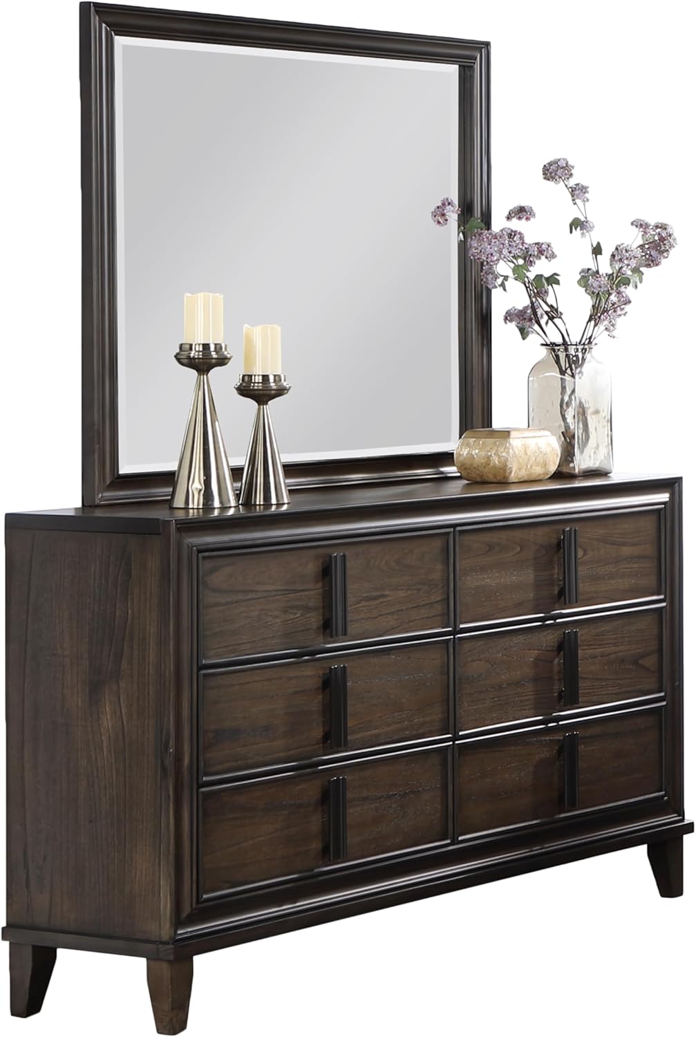 Roundhill Furniture Aetheria Contemporary Wood 6-Piece Bedroom Set, Upholstered Storage Panel Bed, Dresser, Mirror, 2 Nightstand, and Chest, Queen, Dark Brown