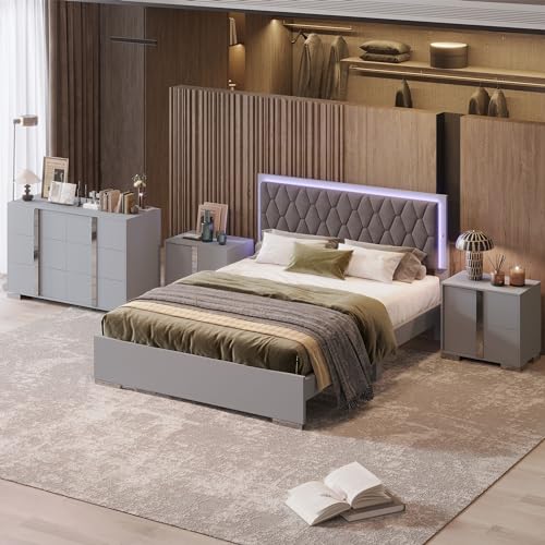 4-Piece Bedroom Furniture Set, Queen Wood Upholstered Bed with LED Lights, 2 Mirrored Nightstands, 6-Drawer Dresser with Metal Handles and Legs (Grey)