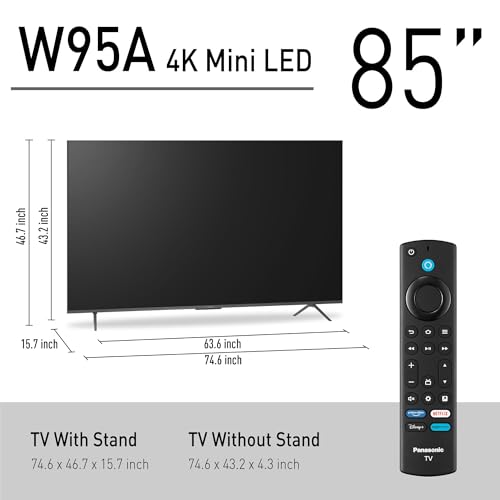 Panasonic W95 Series 65-inch Mini LED 4K Ultra HD Smart Fire TV, Sport Stadium Mode, ATSC3.0, Dolby Vision IQ, Dolby Atmos, HDR10+ Adaptive, Press and Ask Alexa, 144Hz, Wall-mountable - 65W95AP