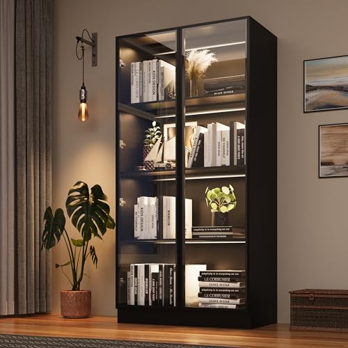 Display Cabinet with Glass Doors & Lights, 3-Tier Storage Cabinet + 2 Drawers Trophy Curio Display, Lighted Bookcase for Home Office, Black…