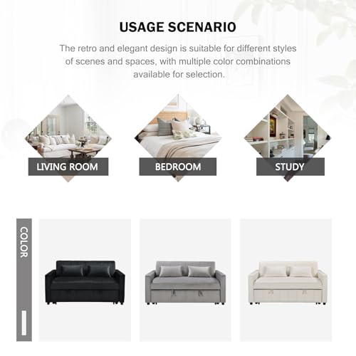 Convertible Sleeper Sofa Bed, 55.51" Modern Velvet 3-in-1 Futon Couch, Pullout Bed with Adjustable Backrest, Storage Pockets and Toss Pillows for Living Room, Bedroom (Black)