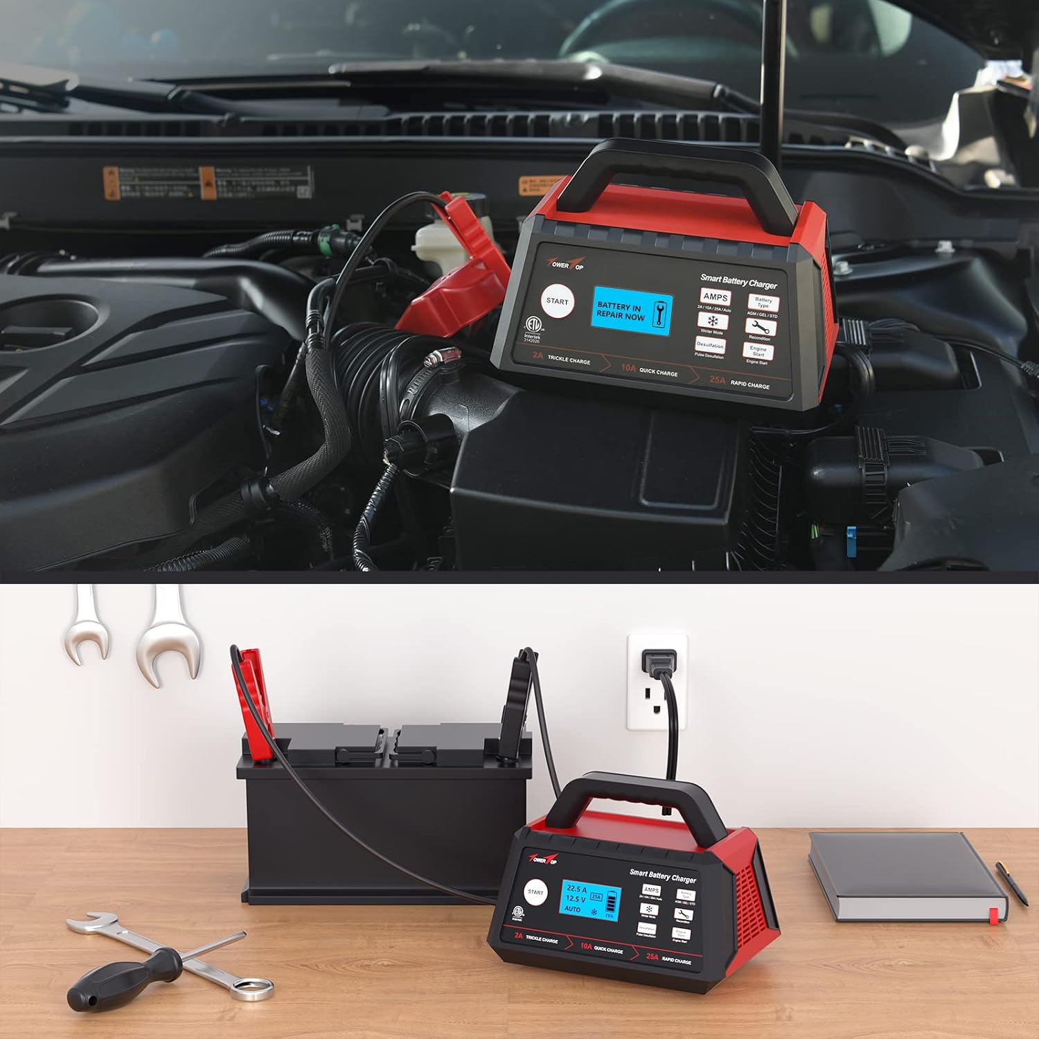 TowerTop Battery Charger, 2/10/25Amp 12V Fully Automatic Smart Trickle Charger, Automotive Battery Maintainer with Engine Start, Winter Mode, Recondition, Desulfation, LCD Display, ETL (BC-025 PRO)