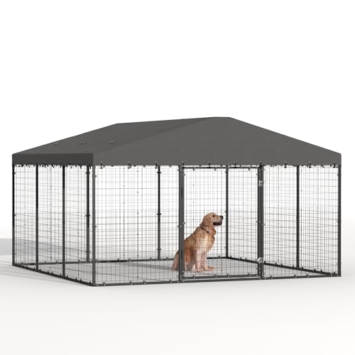 Kurapika Large Outdoor Dog Cage, Heavy-Duty Kennel Enclosure with Weatherproof UV-ResistantCover, Zinc-Coated Steel Barrier Fence with Dual Safety Lock for Yard & Patio (118" L x 118" W x 70.9" H)