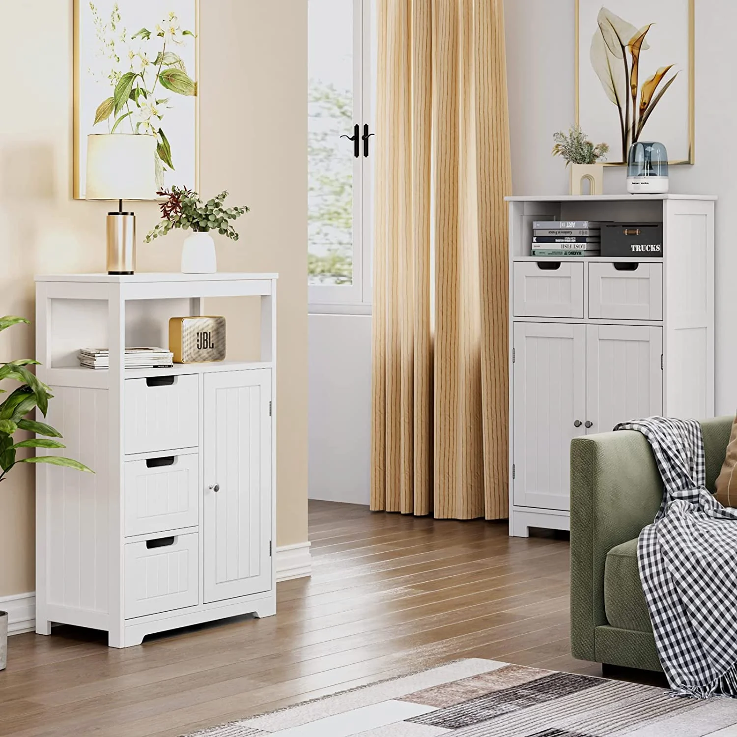Bathroom Floor Cabinet, Free Standing Storage Cabinet with 3 Drawers and 1 Door & Adjustable Shelf, Modern Entryway Cupboard for Home Office, White