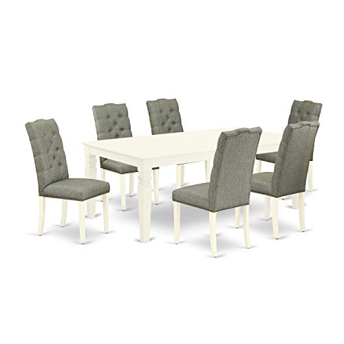 East West Furniture Weston 7 Piece Set Consist of a Rectangle Dining Room Table with Butterfly Leaf and 6 Gray Fabric Upholstered Chairs, 42x60 Inch, Linen White