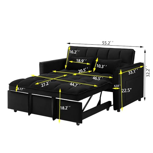 Sofa Bed,3 in 1 Convertible Sofa Bed, Modern Velvet Single Double Sofa, Adjustable Back, Storage Bag and Pillow Sofa Bed, Suitable for Living Room, Bedroom (Blue, Double)