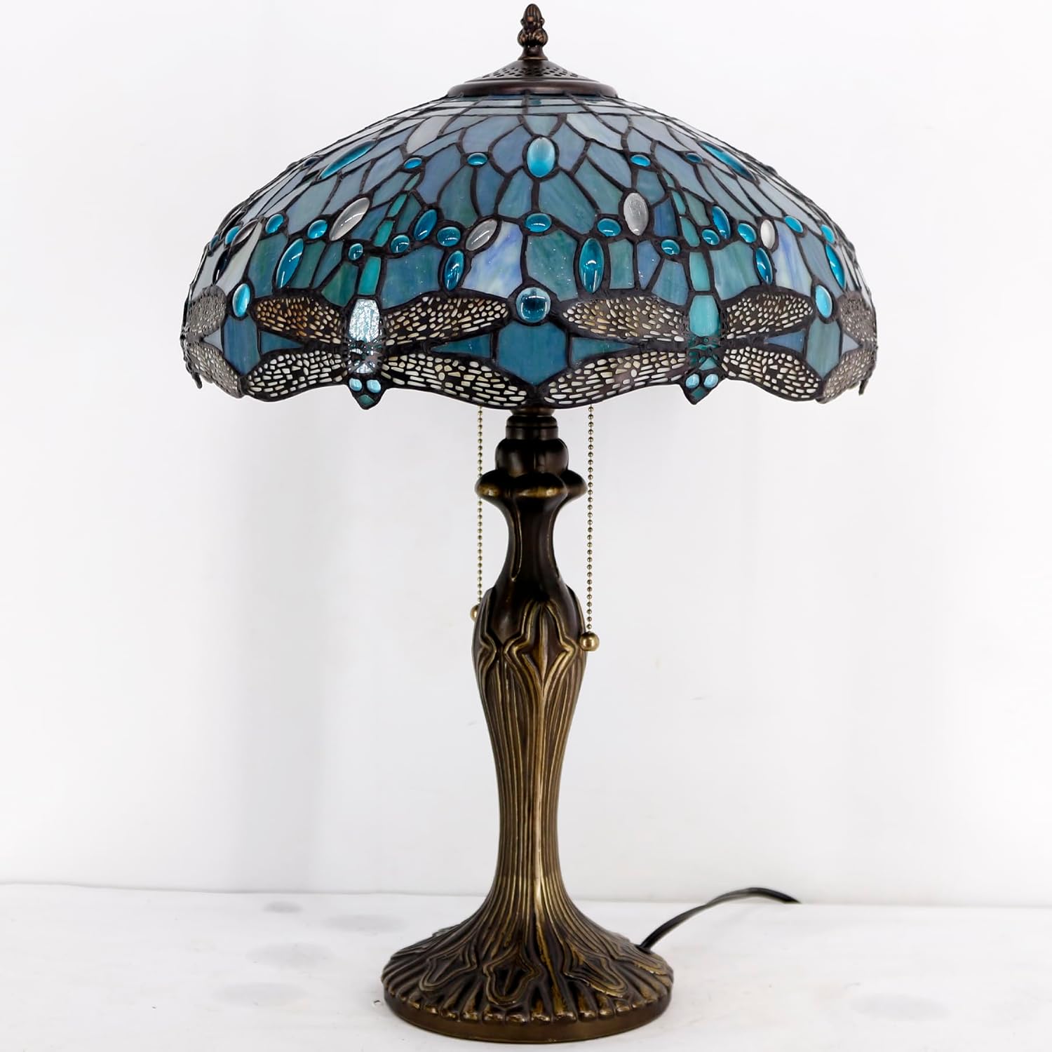 WERFACTORY Tiffany Lamp Sea Blue Stained Glass Bedside Table Lamp Dragonfly Style Desk Reading Light Metal Base 16X16X24 Inches Decor Bedroom Living Room Home Office S147 Series