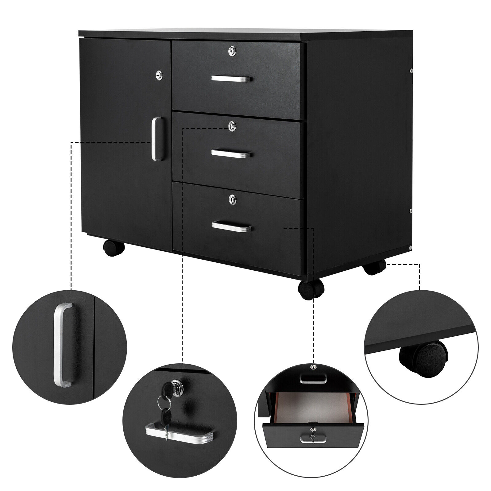 3-Drawer MDF Dresser Chest with Door Mobile File Storage Cabinet Printer Stand