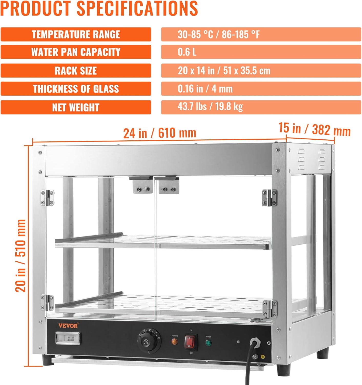 VEVOR 110V 24-Inch Commercial Food Warmer Display, 2-Tier 800W Electric Pizza Warmer Display 86-185℉, Tempered-Glass Door Pastry Display Case, Restaurant Heated Cabinet…