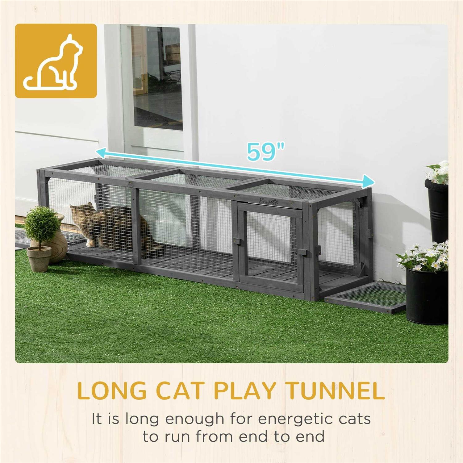 PawHut 59 Long Cat Tunnel with Extendable Design Wooden Outdoor Cat Tunnel House with Weather Protection - Pet Supplies online store