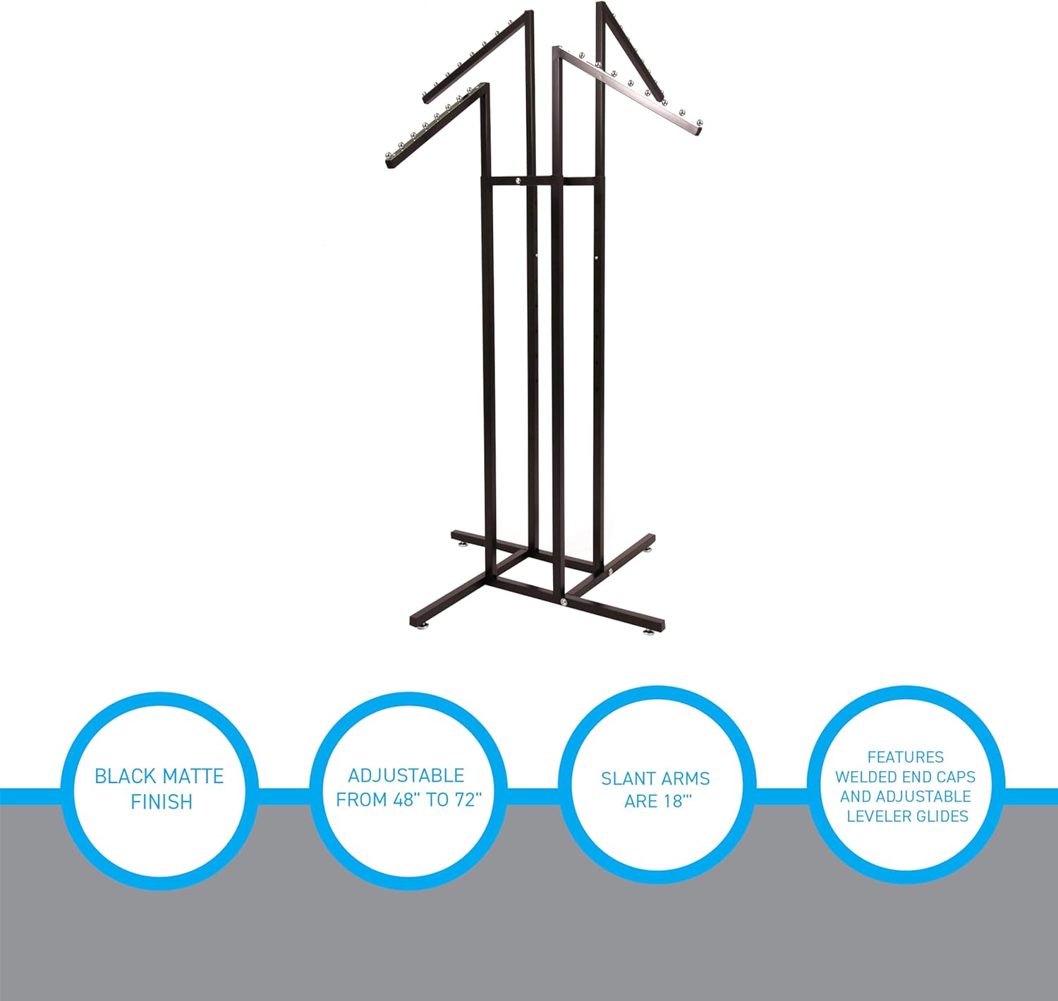 SSWBasics Black 4 Way Adjustable Clothing Rack with Slanted Arms - Retail Clothing Rack Display - Adjustable Height Arms from 48" to 72" Perfect for Clothing Stores