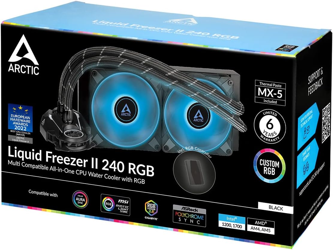 ARCTIC Liquid Freezer II 240 RGB (incl. Controller) - Multi-compatible all-in-one CPU AIO water cooler with RGB, Intel & AMD compatible, PWM-controlled pump, 200-1800 RPM, LGA1700 compatible - Black