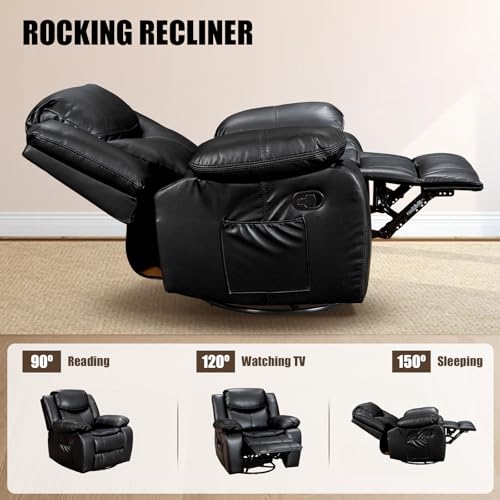 Recliner Chair, PU Leather Recliners with Massage and Heating, 37" Width Reclining Chair Sofa for Living Room, Bedroom, Nursery, Manual Recliner Chairs for Reading/Nap/Relax/Casual（Air Leather, Black）