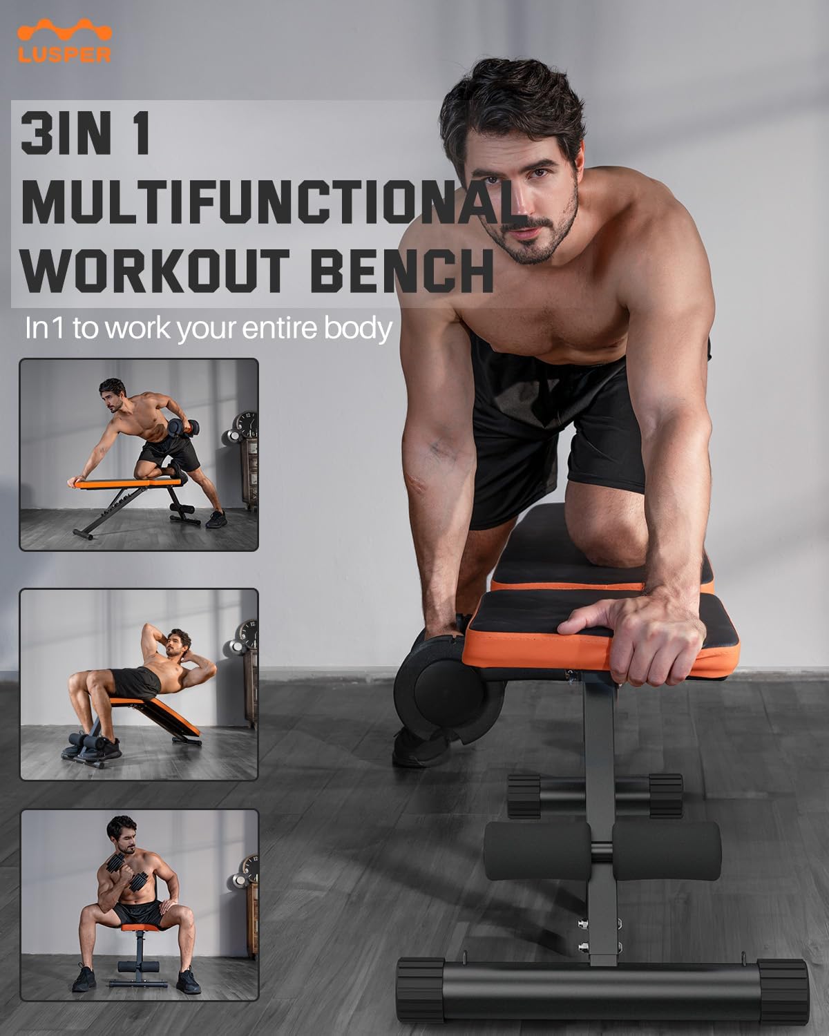 Lusper Weight Bench & Lusper Adjustable Weights Dumbbells Set, 44LB Free Weights with 3 Modes, Mutiweight Dumbbell/Barbell/Kettlebell with Connector