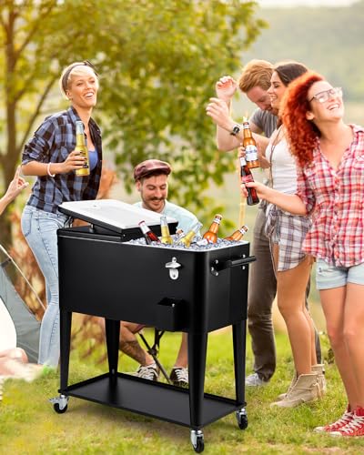 80 Quart Rolling Cooler Cart on Wheels, Portable Outdoor Patio Cooler, Ice Chest with Bottle Opener for Patio Party, Picnic, BBQ, Camping