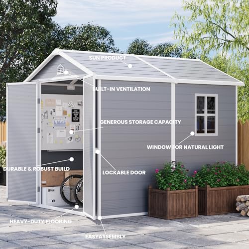 Patiowell 6 x 8 FT Plastic Outdoor Storage Shed with Floor, Resin Shed Perfect to Store Patio Furniture, Garden Tools Bike Accessories, Beach Chairs and Lawn Mower, Grey