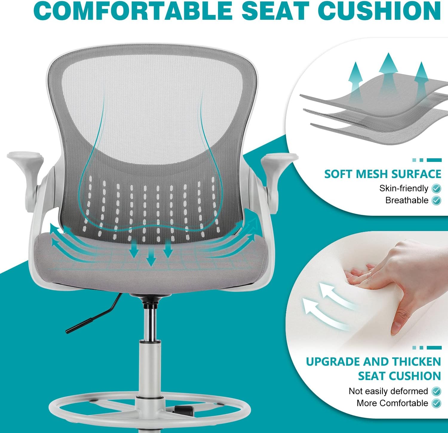 edx Drafting Chair Tall Office Chair, Tall Standing Desk Chair Counter Height Tall Adjustable Office Chair with Flip-up Arms/Wheels, Mid Back Mesh Office Drafting Chairs for Standing Desk, Grey