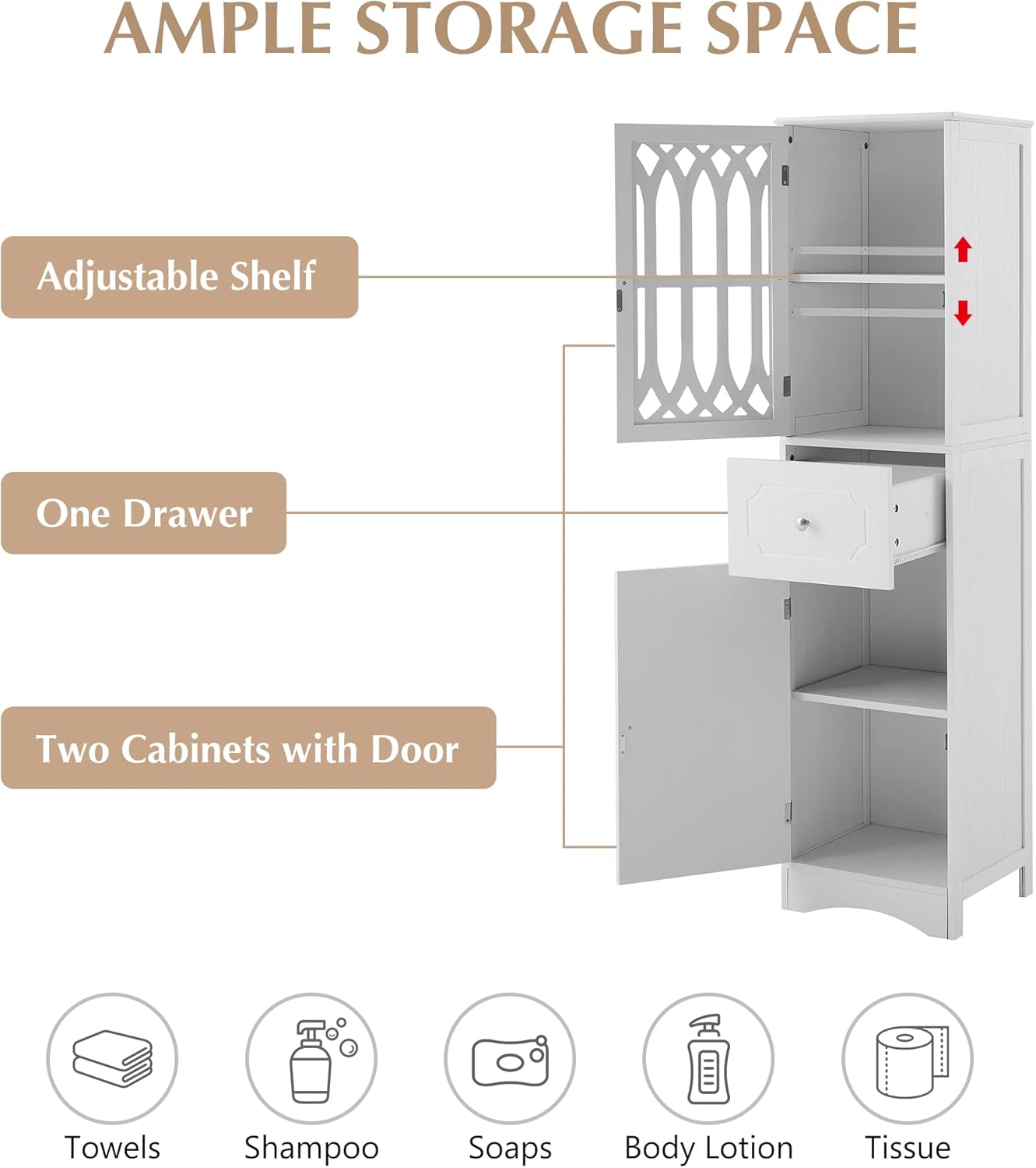 Merax Slim Tall Bathroom Storage Cabinet with Adjustable Shelf, Drawer and 2 Doors, Freestanding Linen Tower, 16.5" L x 14.2''W x 63.8''H, White
