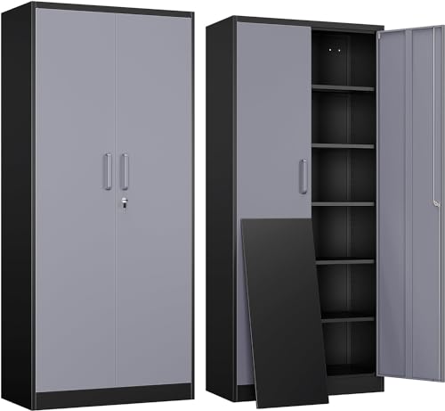 Yizosh Metal Garage Storage Cabinet with 2 Doors and 5 Adjustable Shelves - 71" Steel Lockable File Cabinet,Locking Tool Cabinets for Office,Home,Garage,Gym,School (Gray White)
