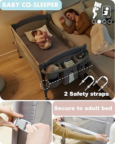 Baby 4 in 1 Bassinet Bedside Sleeper, 4 Functions Bedside Crib Sleeper, Playard, Changing Table, Baby Bassinet for Newborn Baby, Bedside Bassinet for Baby Portable Changing Table
