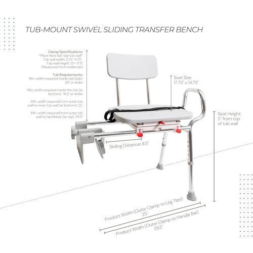 Eagle Health Supplies Tub-Mount Swivel Sliding Shower Transfer Bench, 360 degree swivel, Grab Bar, Rust-Resistance, No Tool Assembly