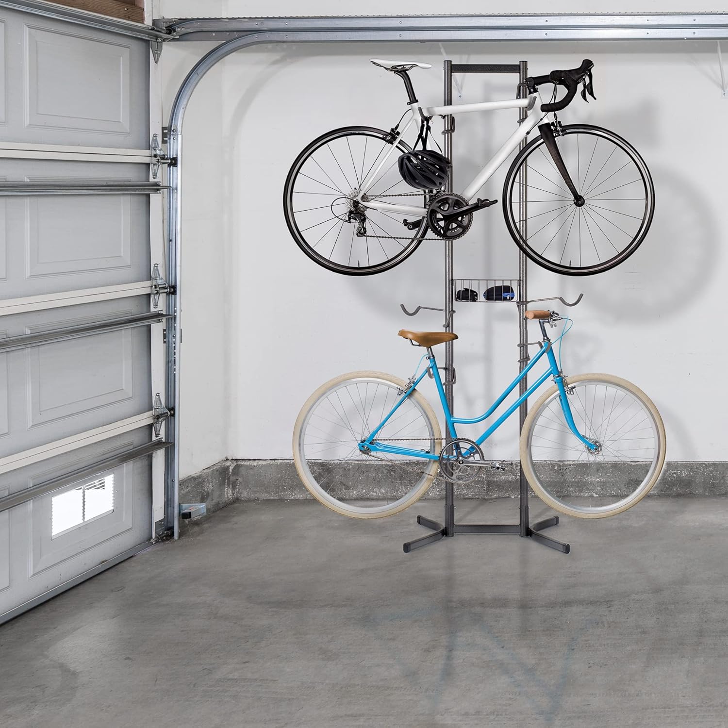 Delta Cycle 4 Bike Rack Garage - Bike Storage Rack with Basket - No Drilling Required - Fully Adjustable Vertical Bike Rack for Any Style Bicycle - Freestanding Wall Bike Rack Holds Up to 160 lbs