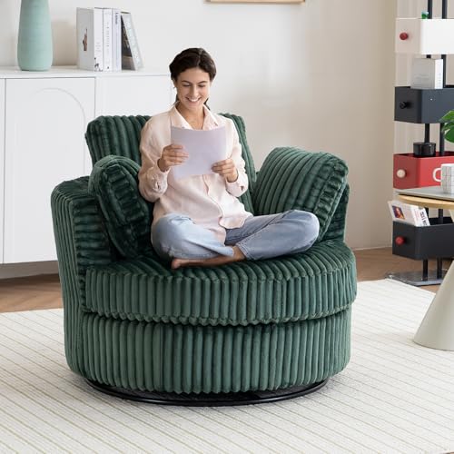 Chair and A Half with Ottoman, 360° Swivel Accent Barrel Chair Modern Comfy Round Reading Sofa Swivel Chairs Circle Lounge Chair for Bedroom Living Room w/4 Pillow Lower Seating Heigh (White, Large)