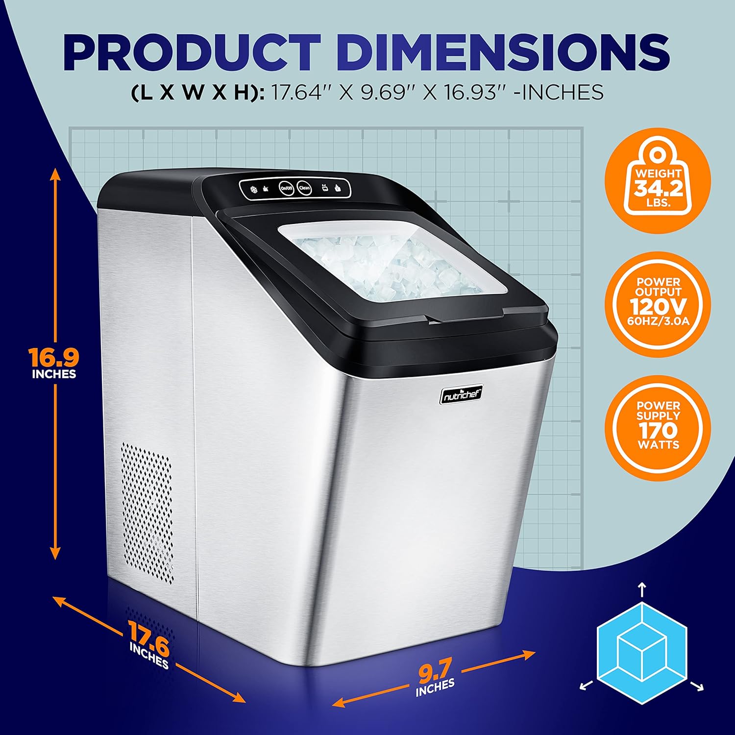NutriChef Countertop Nugget Ice Maker Machine,Compact Self Cleaning Pellet Ice Machine,Quiet,Fast,and Efficient Icemaker,Stainless Steel Housing,Sleek Design for Indoor Use,Home,RV,