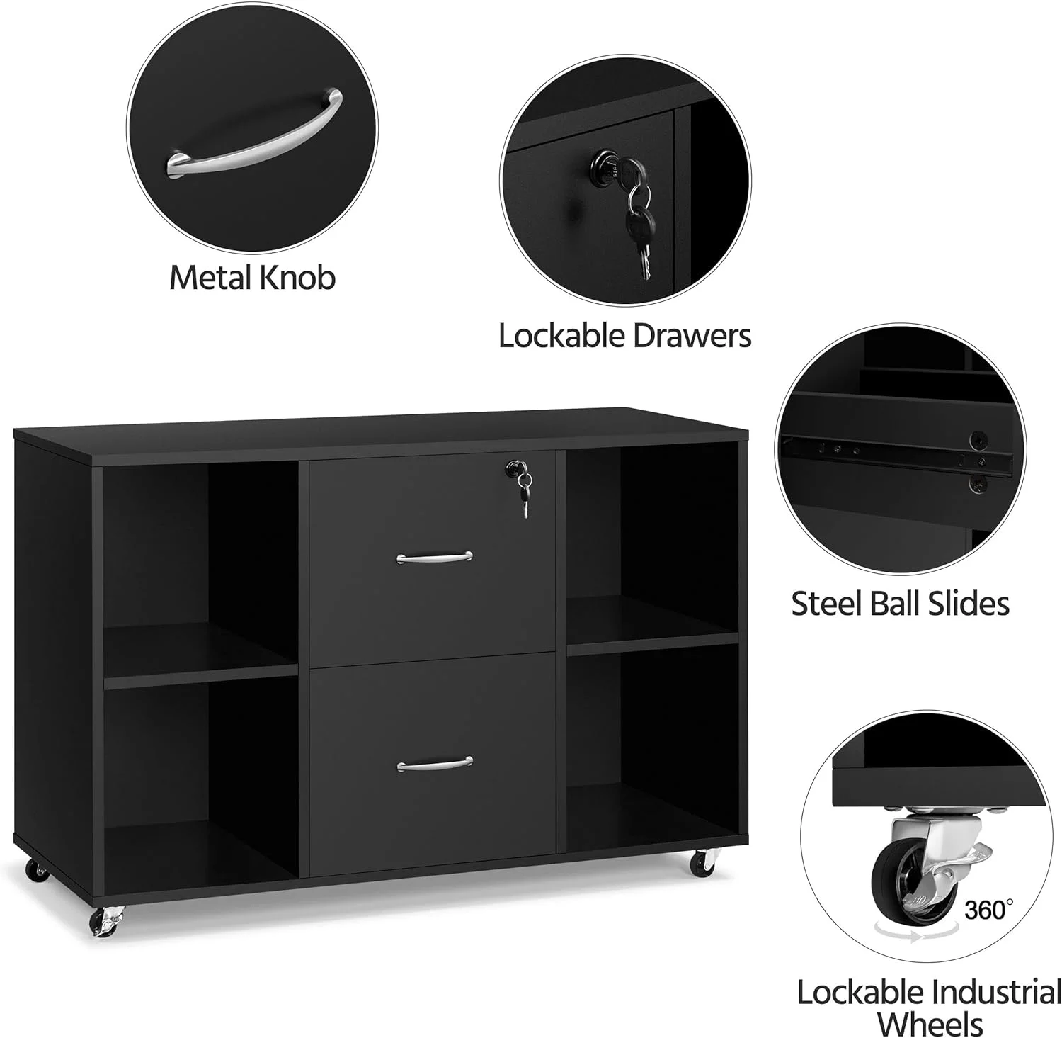 Black Filing Cabinet Large Mobile Storage Lateral Filing Cabinet with 2 Drawer and 4 Open Compartments,for Letter Size A4 Size, Printer Stand for Home Office, Black - Curated Treasures Market