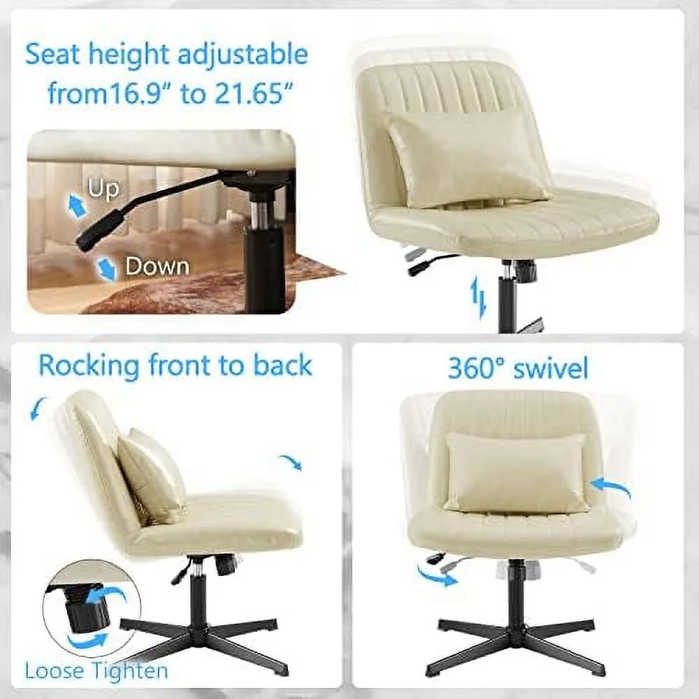 Desk Chair No Wheels  with Foot Rest Stool and Lumbar Pillow  Mid Century Modern Rocking Mid Back Ergonomic Office Chair  Swivel Accent Chair for Living Room Bedroom  Velvet Tufted  Off W