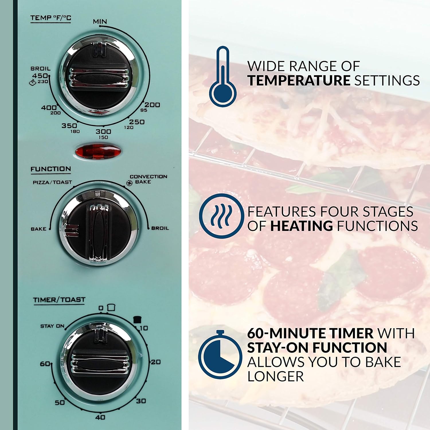 Nostalgia RTOV2AQ Large-Capacity 0.7-Cu. Ft. Capacity Multi-Functioning Retro Convection Toaster Oven, Fits 12 Slices of Bread and 2-12-Inch Pizzas, Built In Timer, Includes Baking Pan, Aqua