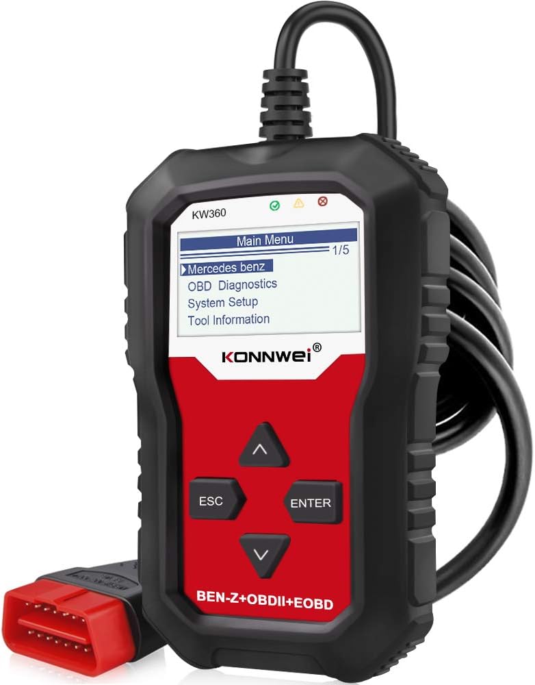 KONNWEI KW360 Full System OBD2 Diagnostic Scanner for Mercedes Benz Code Reader Automotive Check Engine Light EPB ABS SRS OBDII Scan Tool Oil Throttle Position Adaption Brake Pad Reset Tool Pack of 2