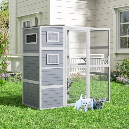 COZIWOW Large Wood Cat Catio, Outdoor Enclosure with Weatherproof Roof, 2 Resting Rooms, 2 Platforms, 4-Tier Cat Playpen, Orange