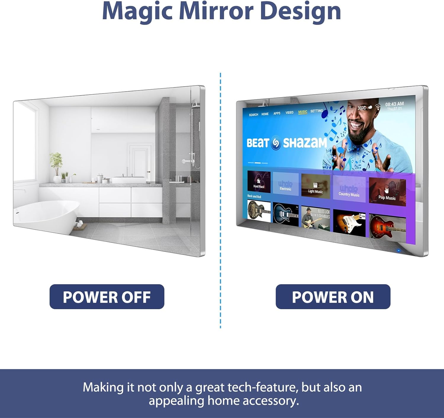 Haocrown 32 Inch Smart Bathroom TV 4K Ultra HD Android TV IP66 Waterproof Smart Mirror TV Google Assistant Built-in with Voice Remote,ATSC Tuner, Suitable for Bathroom Sauna(Silver Frame,2024 Model)