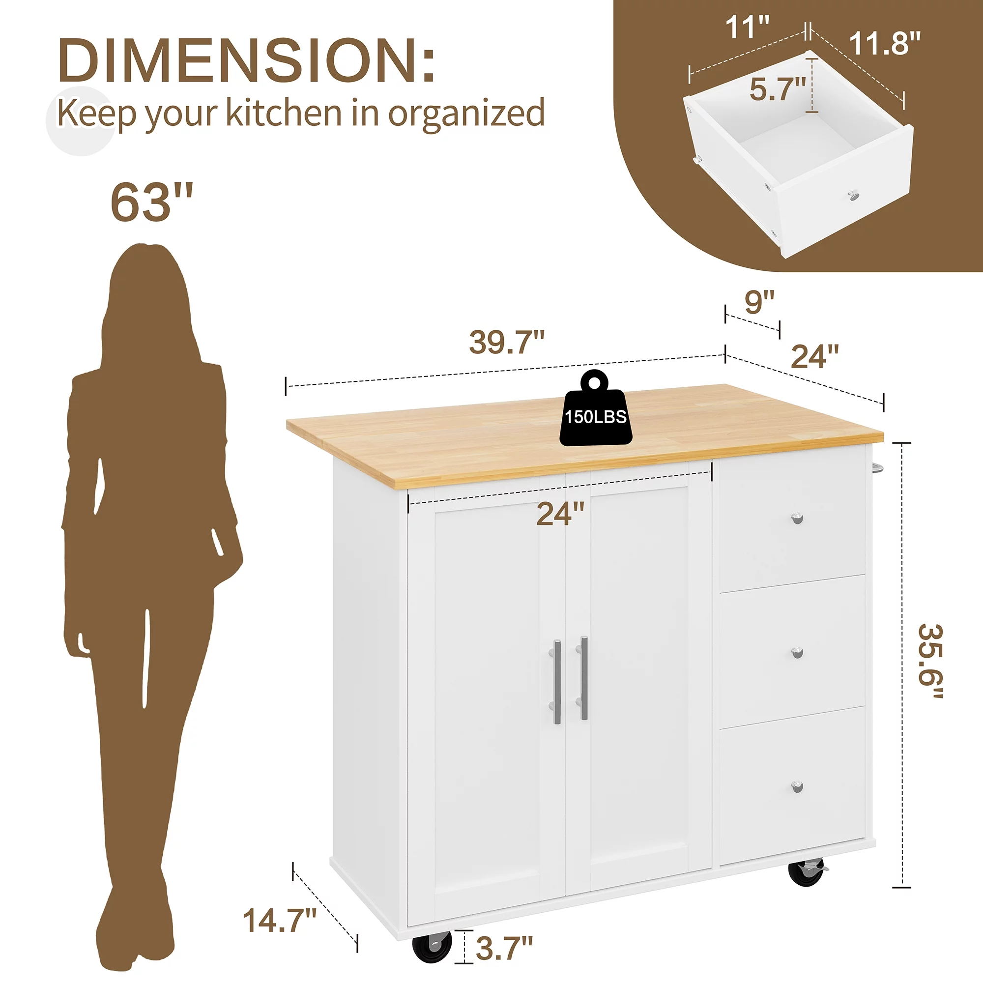 Walsunny Kitchen Island on Wheels with Storage Cabinet & 3 Drawer, 39.7" Width Rolling Kitchen Table, Cart Handle for Towel Rack or Free Mobility Black