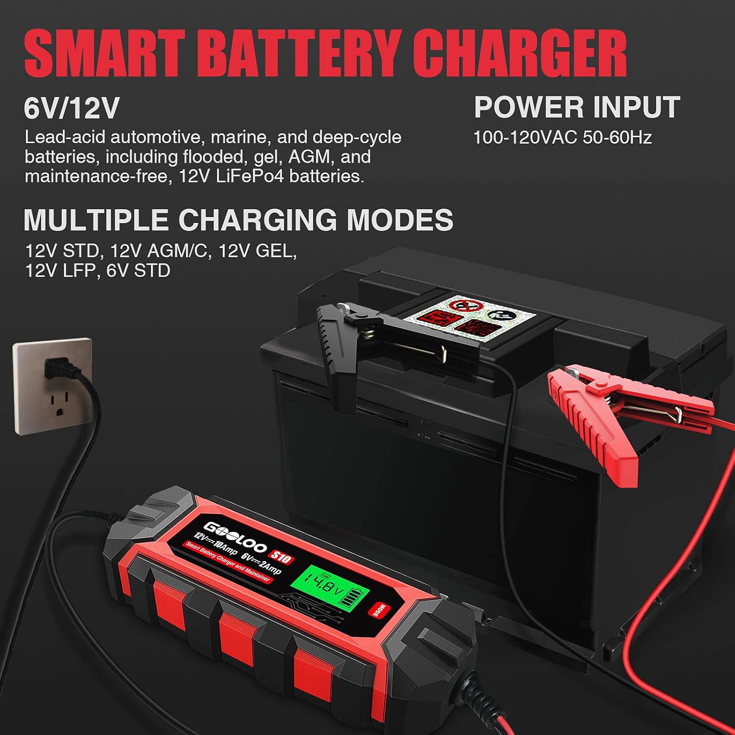 GOOLOO 10-Amp Car Battery Charger, 6V and 12V Fully Automatic Battery Charger Maintainer, Trickle Charger, Supersafe Smart Battery Desulfator for Lead-Acid Batteries(S10)