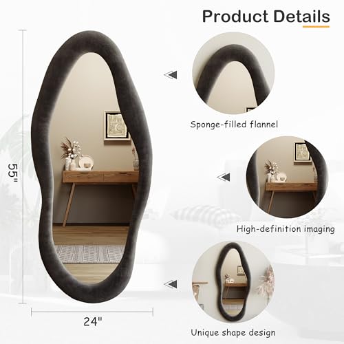 Honyee Full Length Mirror, 63" x 24" Wall Mirror, Flannel Wrapped Wooden Frame Floor Mirror, Irregular Wavy Mirror Hanging or Leaning Against Wall for Cloakroom/Bedroom/Living Room, Milk Tea