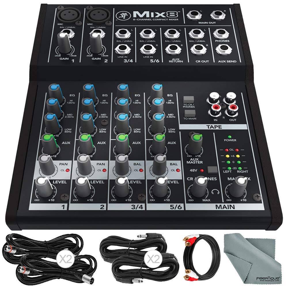 Mackie Mix Series Mix8 8-Channel Compact Mixer and Basic Bundle with Cables + Fibertique Cleaning Cloth