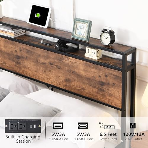Queen Bed Frame with Headboard & Charging Station, Upholstered Platform Bed Frame with 2 Storage Drawers, Sturdy Wooden Slats Support/No Box Spring Needed/Noise Free/Easy Assembly/White