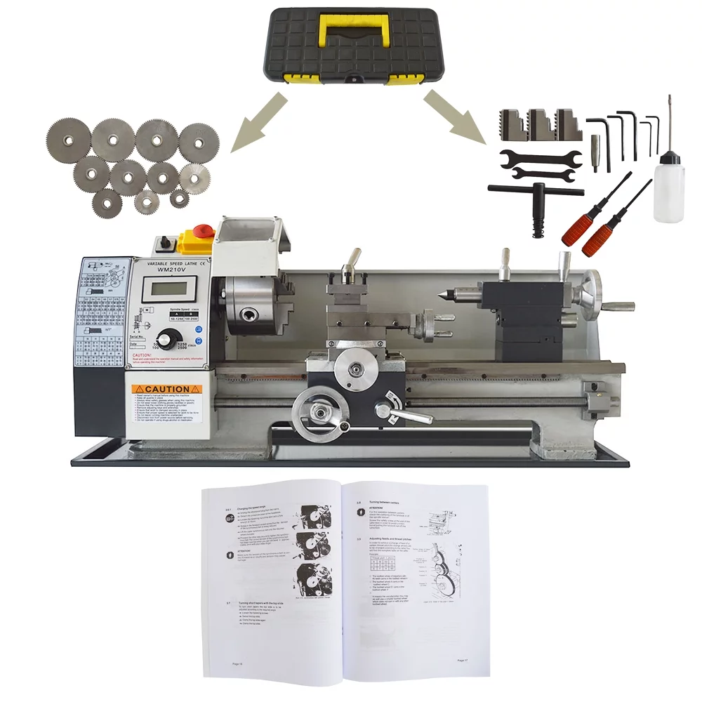 Mini Metal Bench Lathe Variable Speed Precision Inch Instrument Machine Threaded Version WM210V 900W 8"*16" - Curated Treasures Market
