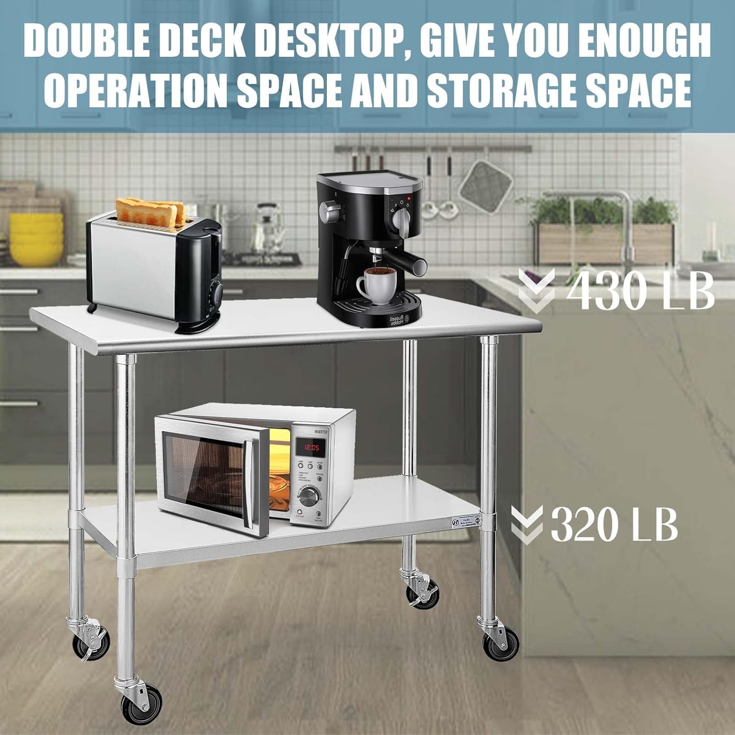 Hally Stainless Steel Table for Prep & Work 24 x 36 Inches with Caster Wheels, NSF Commercial Heavy Duty Table with Undershelf and Galvanized Legs for Restaurant, Home and Hotel