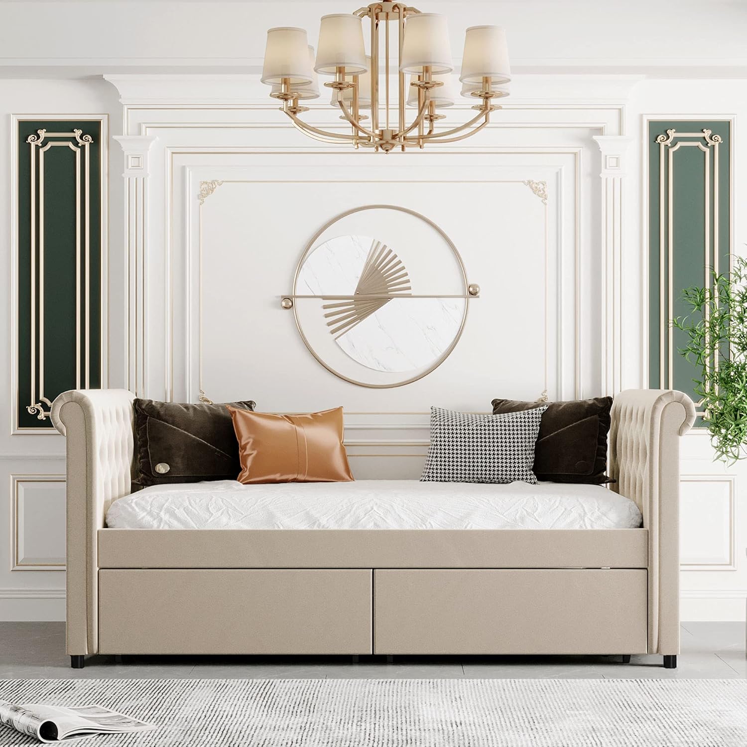 Twin Size Daybed with 2 Large Drawers, Wooden Daybed with X-Shaped Frame, Modern and Rustic Casual Style Daybed (White)