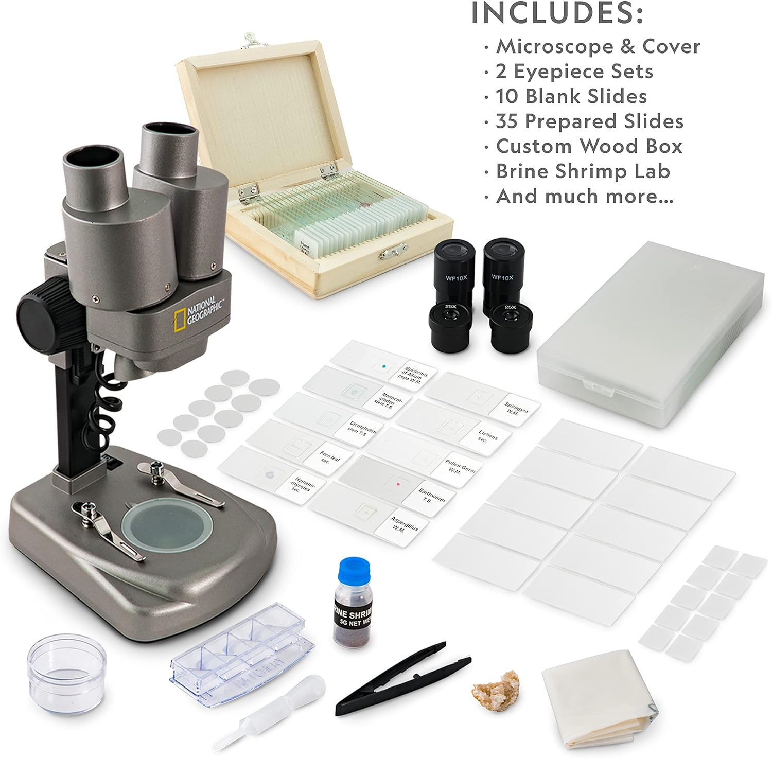 NATIONAL GEOGRAPHIC Microscope Science Kit - Dual LED Microscope for Kids, Ultra Bright 20x & 50x Magnification, 35 Microscope Slides and Covers, Most Complete Microscope Kit for Kids 8-12