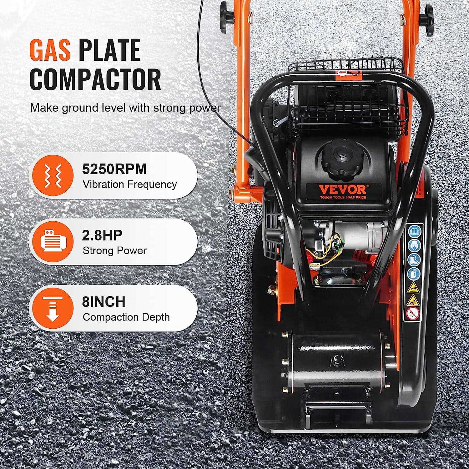 VEVOR Plate Compactor 2.8 HP 78.5cc Gas Engine 5,250 Vpm 1,920 lbs Force Vibratory Compaction Tamper with 18.7 x 11.8 inch Plate for Walkways - Shop Hardware Tools Online Store