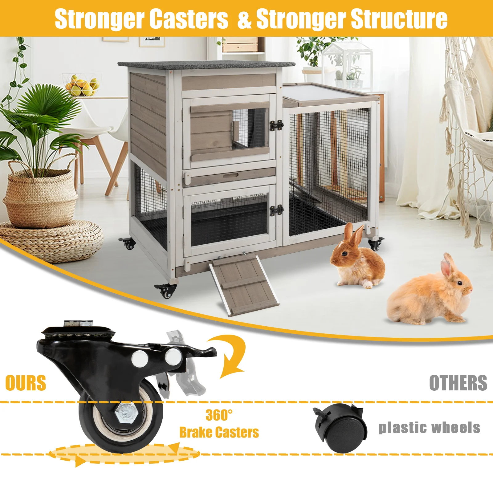 PETSCOSSET 40"L Rabbit Hutch Indoor Wooden Large Bunny Hutch Outdoor 2 Story Rabbit Cage on 4 Metal Wheels with Run and 2 Pull Out Trays UV Panel Guinea Pig Pet House for Small to Medium Animals