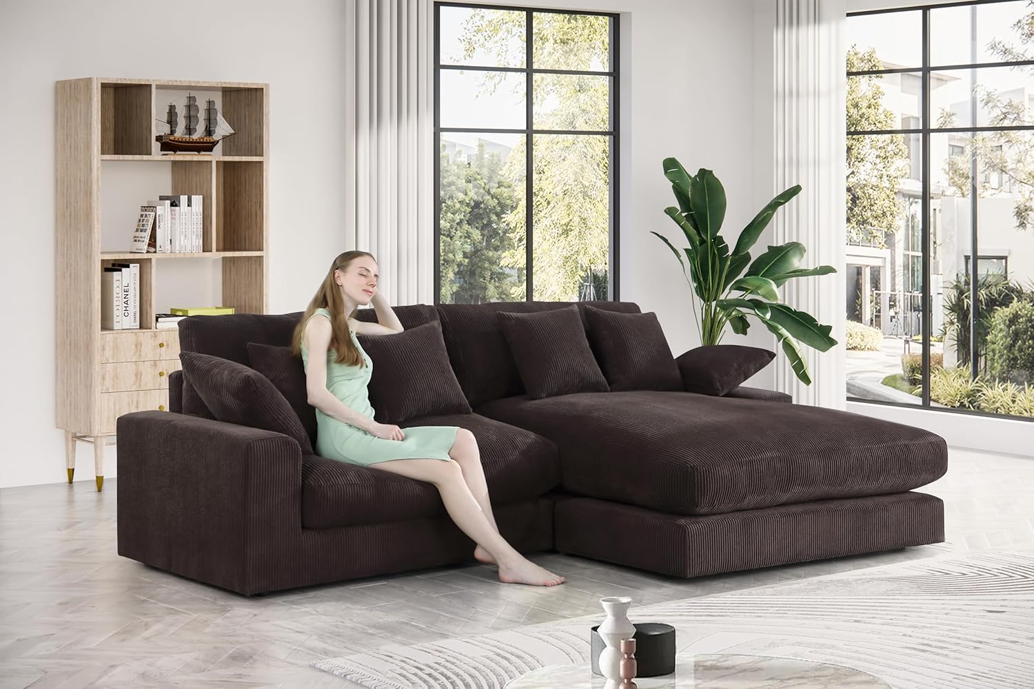 Feather Filled Deep Seat Reversible Sectional Sofa with Extra Wide Chaise Lounge , L Shaped Oversized Corduroy Upholstered Corner Couch Convertible Sleeper Sofabed 3 Pieces Sets for Living Room Office
