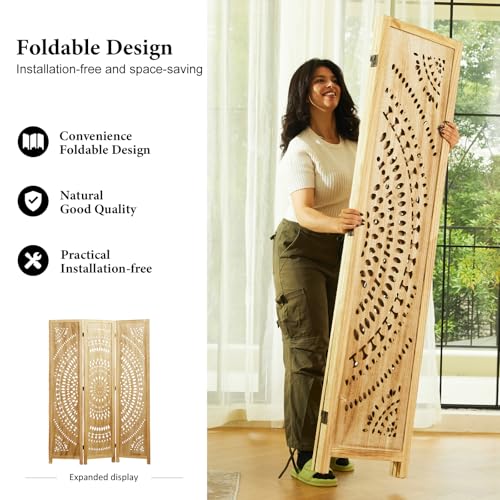 Room Divider Wood Carved Wall Divider Indoor Folding Bohemian Style Portable Partition Screen for Home Office Garden Terrace - 6 Panels (Antique, White-Washed)