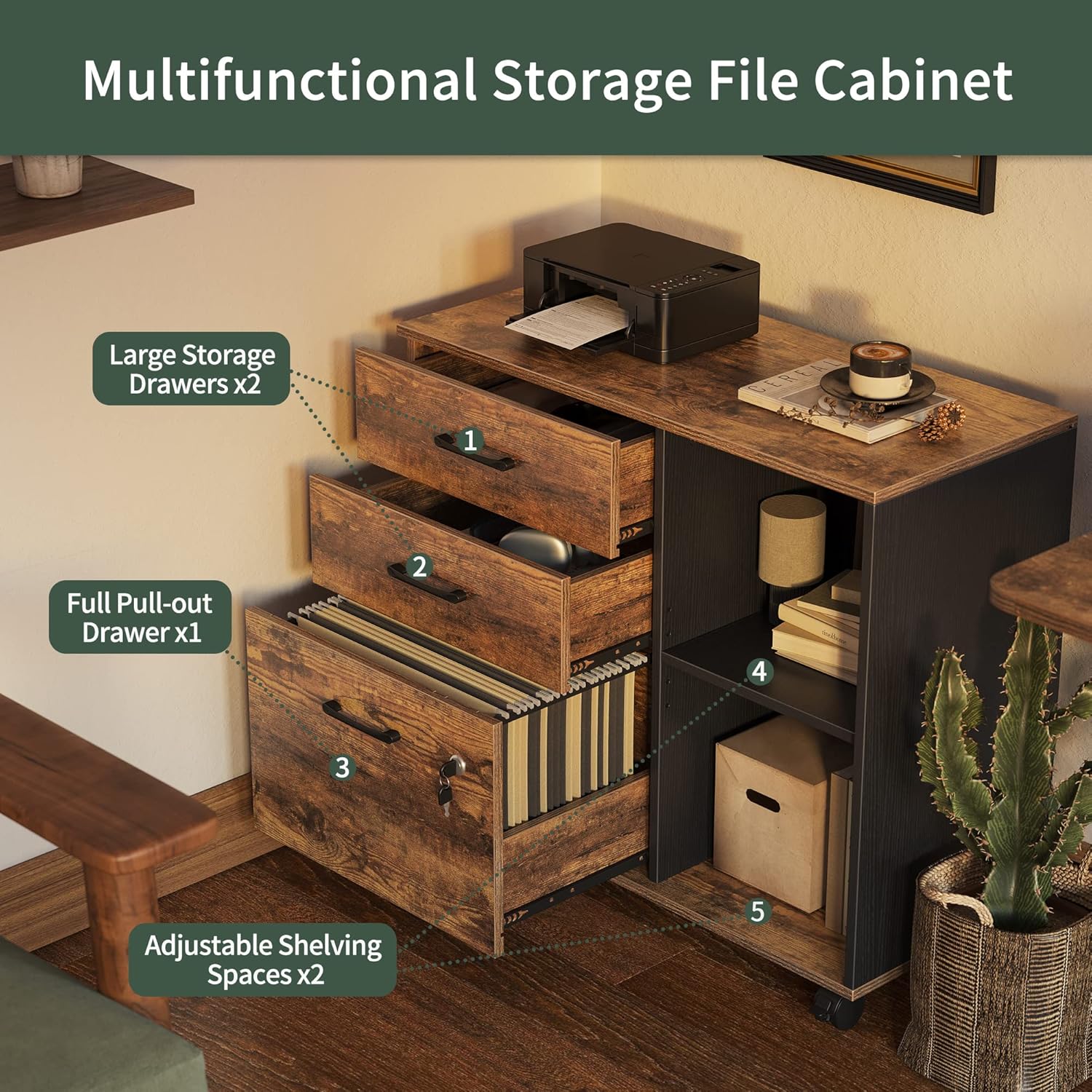 FEZIBO Triple Motor L-Shaped Electric Standing Desk with 3 Drawers, Stand up Desk, Height Adjustable Desk with 3 Drawer Lateral File Cabinet, 63 x 24 Inches Rustic Brown Top/Black Frame (2 Packages)