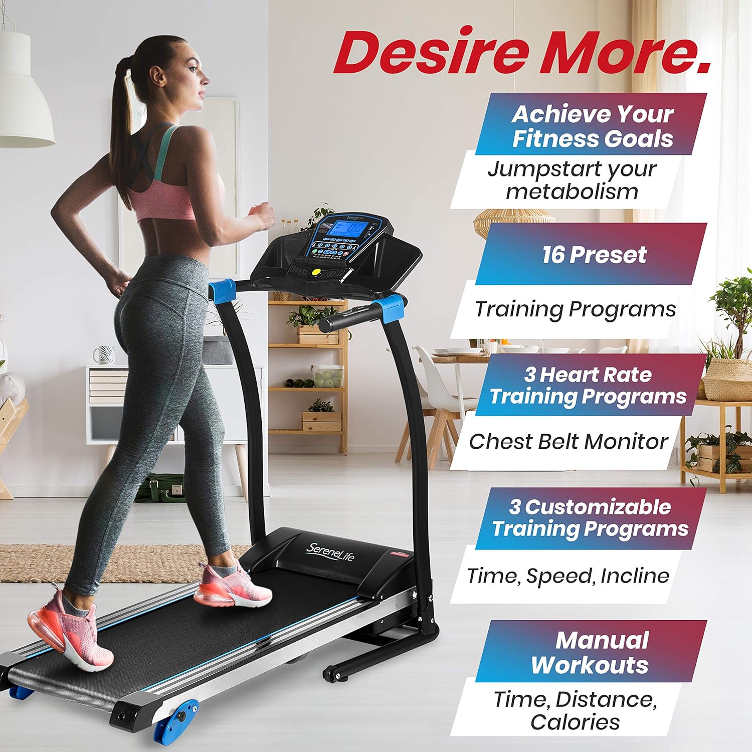 SereneLife Smart Digital Manual Incline Treadmill - Slim Folding Electric 2.5 HP Indoor Home Foldable Fitness Exercise Running Machine with Downloadable App, MP3 Player, Safety Key SLFTRD25.5