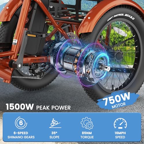 MOONCOOL Electric Trike, Electric Tricycle for Adults, 20" Folding 3 Wheels Electric Bicycle Bikes, 48V 500W/750W Motorized Electric Ebike with Aluminum Frame, Removable Battery and Basket